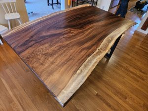 Highly figured parota live-edge slab table top by Four Fields Furniture in Minneapolis–St. Paul