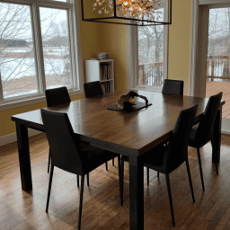 Large dark walnut dining table with black legs and modern chairs, handmade in Minneapolis–St. Paul